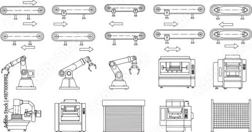 Precision line drawings portray a variety of automated equipment, focusing on the intricate world of modern industry. These illustrations highlight the efficiency of robotic arms and production line.