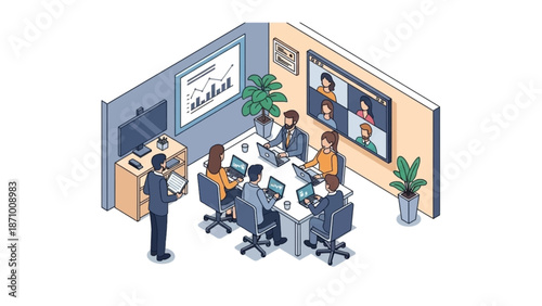 Isometric illustration of a business team meeting in an office conference room collaborating with remote participants via video call and discussing performance charts.