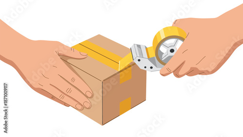 Pair of hands skillfully taping up a brown cardboard box using packing tape and a convenient dispenser, vividly illustrating the essential process of packing, shipping, or moving.