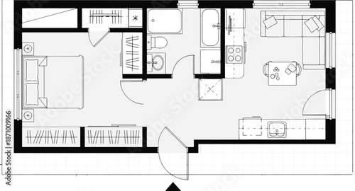 A top-down view of a detailed house plan layout showcasing an efficient studio apartment.