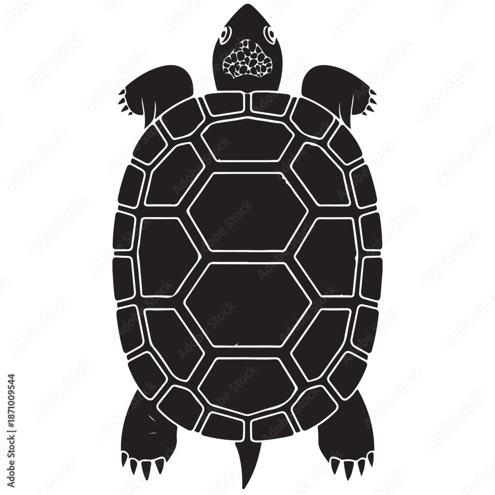 Obraz premium Stylized Black Turtle Silhouette with Hexagonal Shell Pattern on White Background