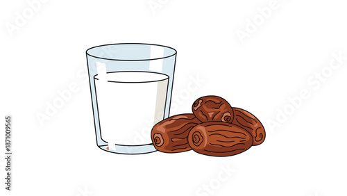 Simple illustration featuring a clear glass of fresh milk positioned beside a small pile of sweet dates, representing a healthy snack or traditional breaking of fast.