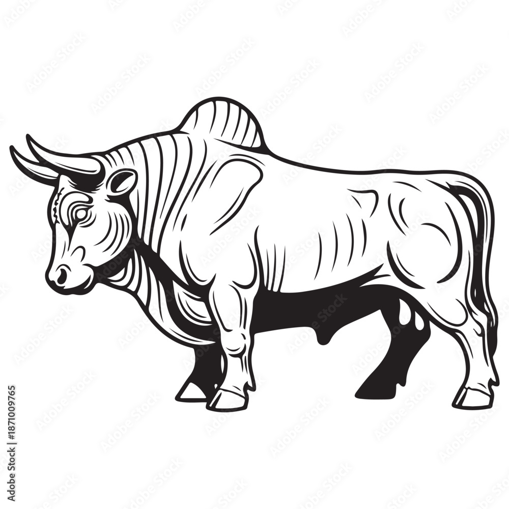 Fototapeta premium Powerful Bull Illustration in Black and White Line Art