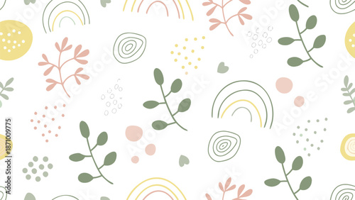 Whimsical botanical pattern with pastel rainbows and leaves on white