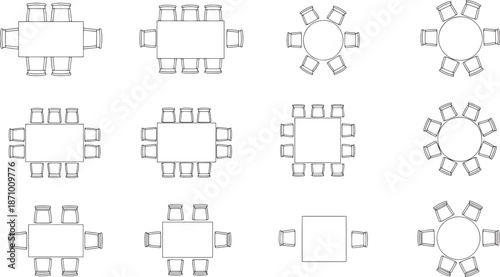 A collection of various table designs, showcasing an array of shapes and seating arrangements, with a focus on simplicity and functionality.