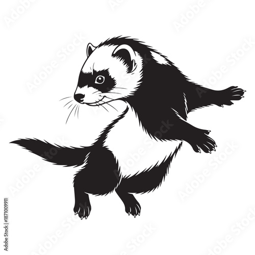 Playful Black and White Ferret Illustration Leaping Mid-air