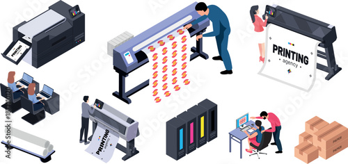 Digital Printing Isometric Illustration with Office Staff Working on Copy and Polygraph Equipment