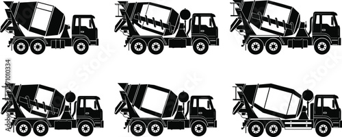 Concrete mixer truck silhouettes set, construction vehicle mixing process stages, heavy machinery transport, black vector illustration