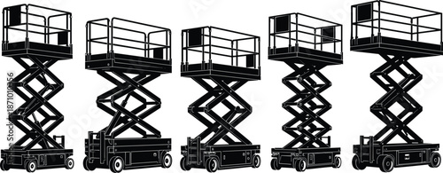 Scissor lift platform silhouettes set, aerial work equipment height positions, industrial construction machinery, black vector illustration