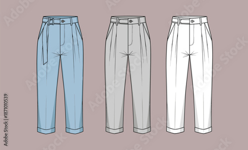 Women trousers illustration set, high waist pants design variations, fashion apparel mockup, modern clothing collection, isolated background