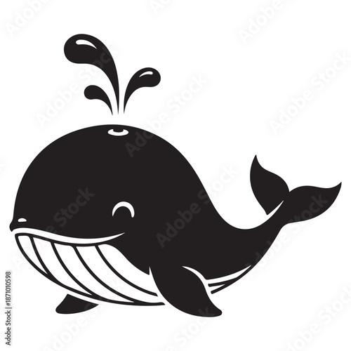 Cute Cartoon Whale Spouting Water Black and White Illustration