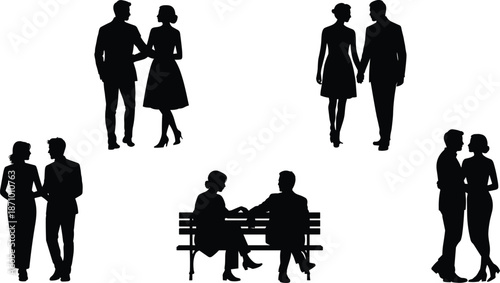 Silhouette of couples walking, talking, sitting, hugging, romantic interaction, relationship moments, love and togetherness on white background vector illustration

 flat vector illustration