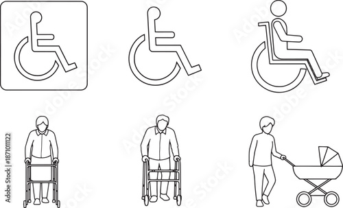 Accessibility icons illustrate inclusivity and prioritize those with reduced mobility, the elderly, and families with young children, designed to promote universal access.
