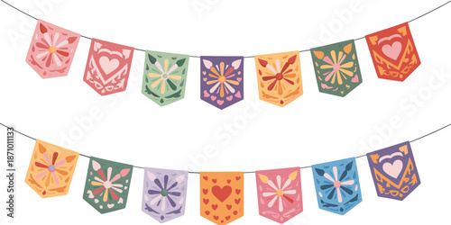 Colorful papel picado banner illustration with floral and heart patterns, festive Mexican decoration garland for celebrations, holidays, and cultural events