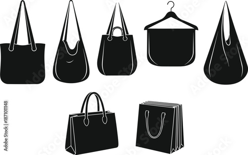 Shopping bag silhouettes collection, tote handbag and paper bag icons, retail packaging designs, black vector illustration