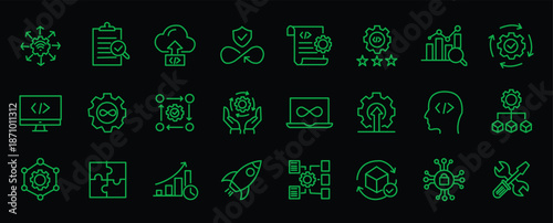 DevOps icon set. Software development and operations icon collection. Editable line icons. Vector illustration.