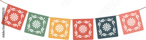 Colorful papel picado floral banner illustration with traditional Mexican folk patterns, decorative garland for festive celebrations, parties, and cultural events