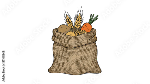 Burlap sack filled with a bounty of fresh agricultural produce including potatoes, carrots, and wheat, representing harvest and natural food.