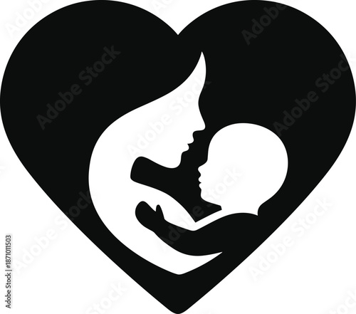Black and white heart silhouette illustrating mother and baby bond representing maternal love childcare parenthood family protection