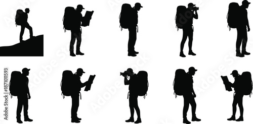 Backpacker hiker silhouettes set, outdoor trekking adventure poses, camping travel activities, explorer lifestyle, black vector illustration
