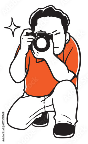 一眼レフカメラを構える気合十分のお父さん_単色