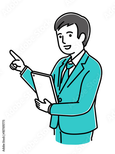 タブレット端末を胸に抱えて微笑むスーツ姿の男性、ビジネスや接客の案内イラスト