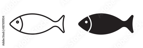 Fish icon set with simple animal silhouettes in outline and solid styles representing seafood, fishing, marine life and aquatic symbol for food, menu and user interface design