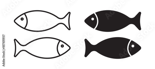 Fish icon set with simple animal silhouettes in outline and solid styles representing seafood, fishing, marine life and aquatic symbol for food, menu and user interface design