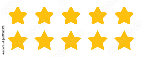 Five star rating icon set with yellow stars representing review, feedback, quality score, evaluation and customer satisfaction concept