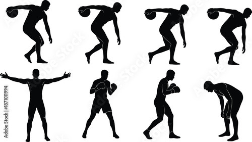 Athlete action silhouettes set, bowling and boxing sport poses, dynamic training movements, black vector illustration
