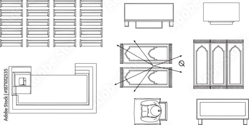 An aerial, blueprint-style depiction of a mosque layout, illustrating various architectural and functional elements, from seating arrangements to prayer rugs and the mihrab.