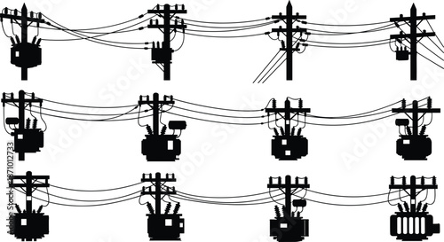 Electric power pole silhouettes set, utility infrastructure transmission lines collection, energy distribution, black vector illustration