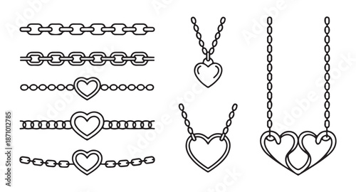 Multiple variations of heart shaped necklaces and chain links in linear black and white style for jewelry branding