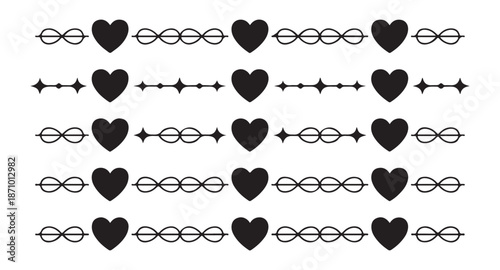 Geometric heart line dividers with star and infinity loop patterns for decorative page borders and romantic graphics