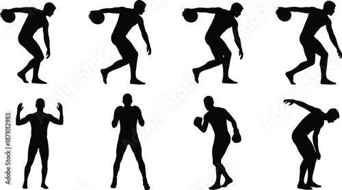 Bowling player silhouettes set, ten pin bowling action poses, athlete motion sequence, black vector illustration