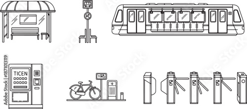 Streamlined monochrome icons represent transportation infrastructure, including train, turnstiles, bus stop, bicycle parking, and ticket machine. conveying a sense of organized transit solutions.