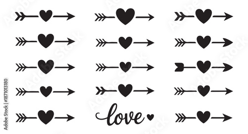 Set of black heart arrows with calligraphy love word decorative elements for wedding valentine cards