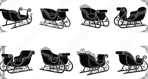 Santa sleigh silhouettes collection, decorative Christmas sled designs, holiday transportation icons, vintage black vector illustration