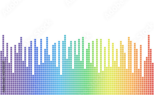 Colorful equalizer data bars forming pixel columns in rainbow gradient, isolated on white background with clipping path, suitable for audio, analytics, and data concepts.