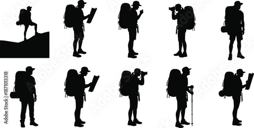 Hiker backpacker silhouettes set, outdoor adventure poses, trekking photography navigation camping activities, black vector illustration