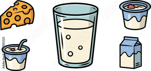 Fresh Dairy Products Collection: Cheese, Milk, Yogurt, and Cream for Healthy Nutrition - High-Quality Stock Image for Dietary Essentials flat vector illustration