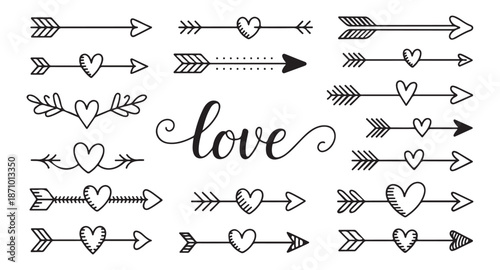 Line art heart arrows with love calligraphy text wedding invitation valentine decoration graphic elements