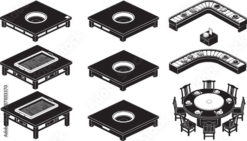 Intricate drawings of various dining tables with built-in features, inviting viewers to imagine a setting for memorable moments, conveying simplicity.