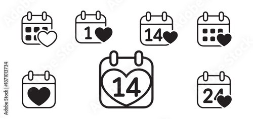February fourteenth valentine day calendar icons for romantic event planning and anniversary celebration design kits