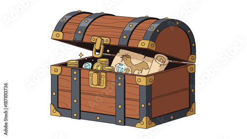 Open wooden treasure chest overflowing with glistening gold coins, sparkling diamonds, and a rolled-up treasure map.