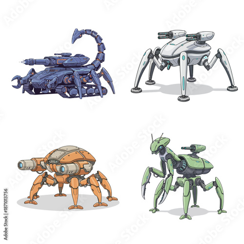 Four distinct futuristic combat robots, each with multiple legs and unique weapon designs, showcasing advanced mechanical engineering.