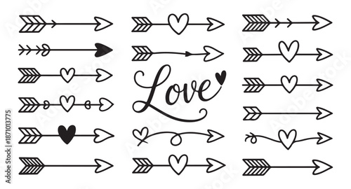 Assortment of decorative arrows hearts and cursive love text for romantic theme