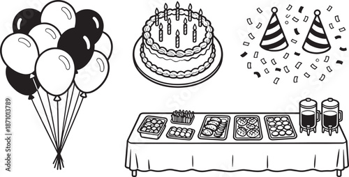 A festive gathering, featuring a birthday cake, balloons, a buffet, confetti and party hats. An illustration of a cheerful gathering. 