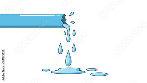 Broken blue pipe with a jagged edge, from which a steady stream of water is gushing out, creating puddles on the ground.