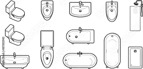 An array of bathroom fixtures, rendered in a modern and minimalist style. The assortment includes a variety of lavatories, toilets, showers and bathtubs.
